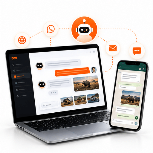 Laptop and phone showing AI customer support conversations