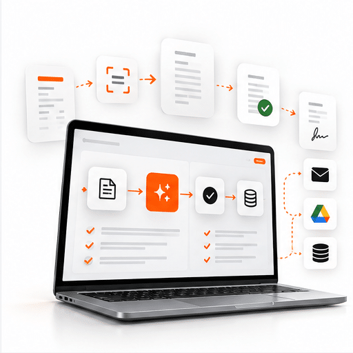 Laptop showing connected document, email and business automation workflows